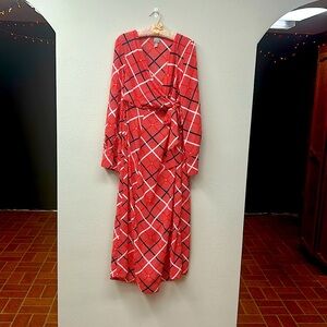 Wrap front, red and navy, plaid long mid length dress.